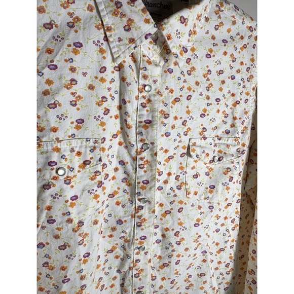 Women's XXL Western Wrangler Pearl Snap Shirt Floral White Pink Orange Cotton - Picture 3 of 9